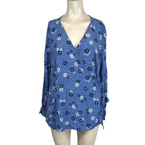 TALBOTS PLUS -WOMEN'S 1X - BLUE FLORAL LONG SLEEVE CRISS CROSS FRONT V NECK TOP